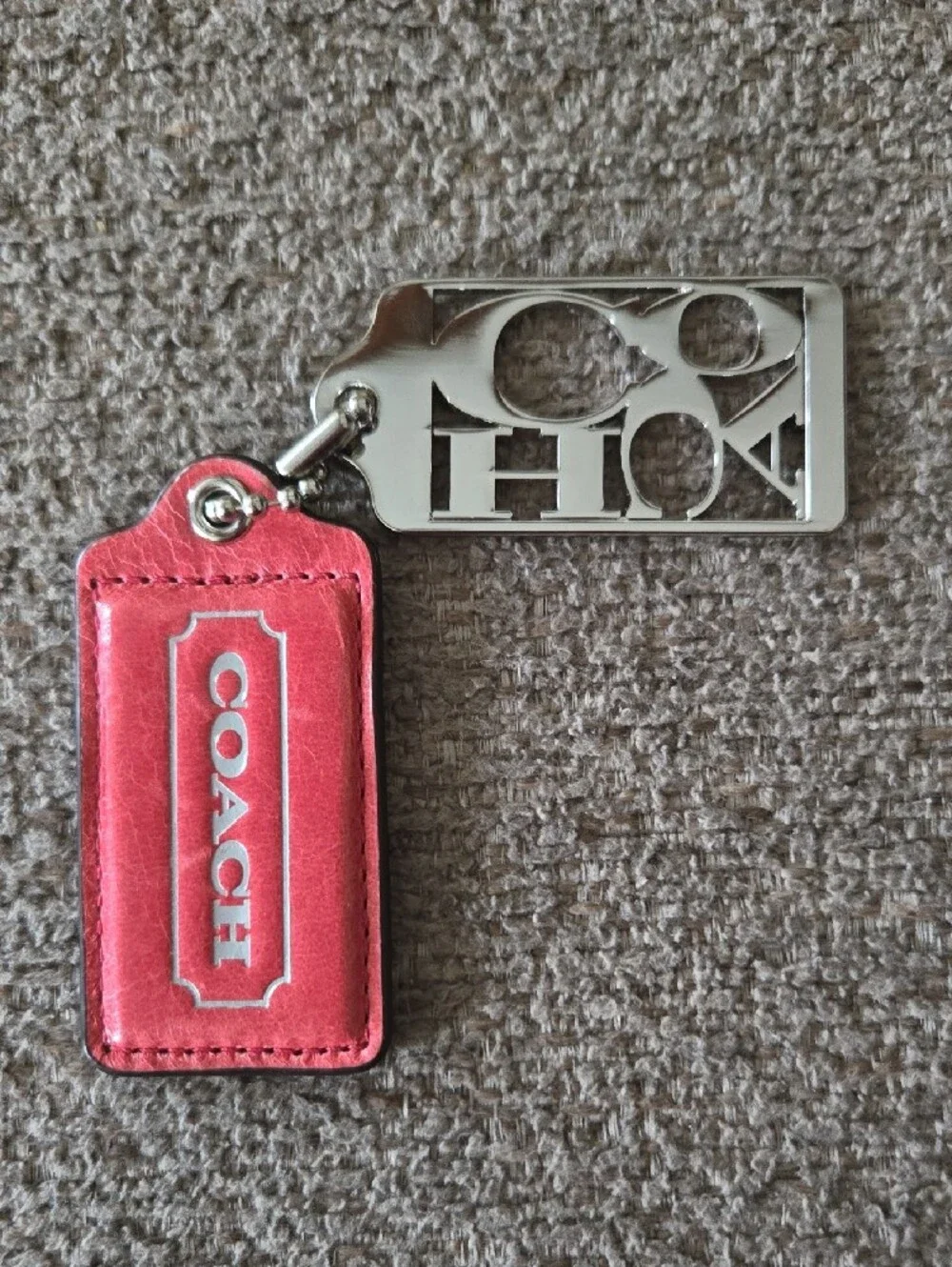 Coach Pink Leather Logo Keyring with Silver Tone Cutout Charm